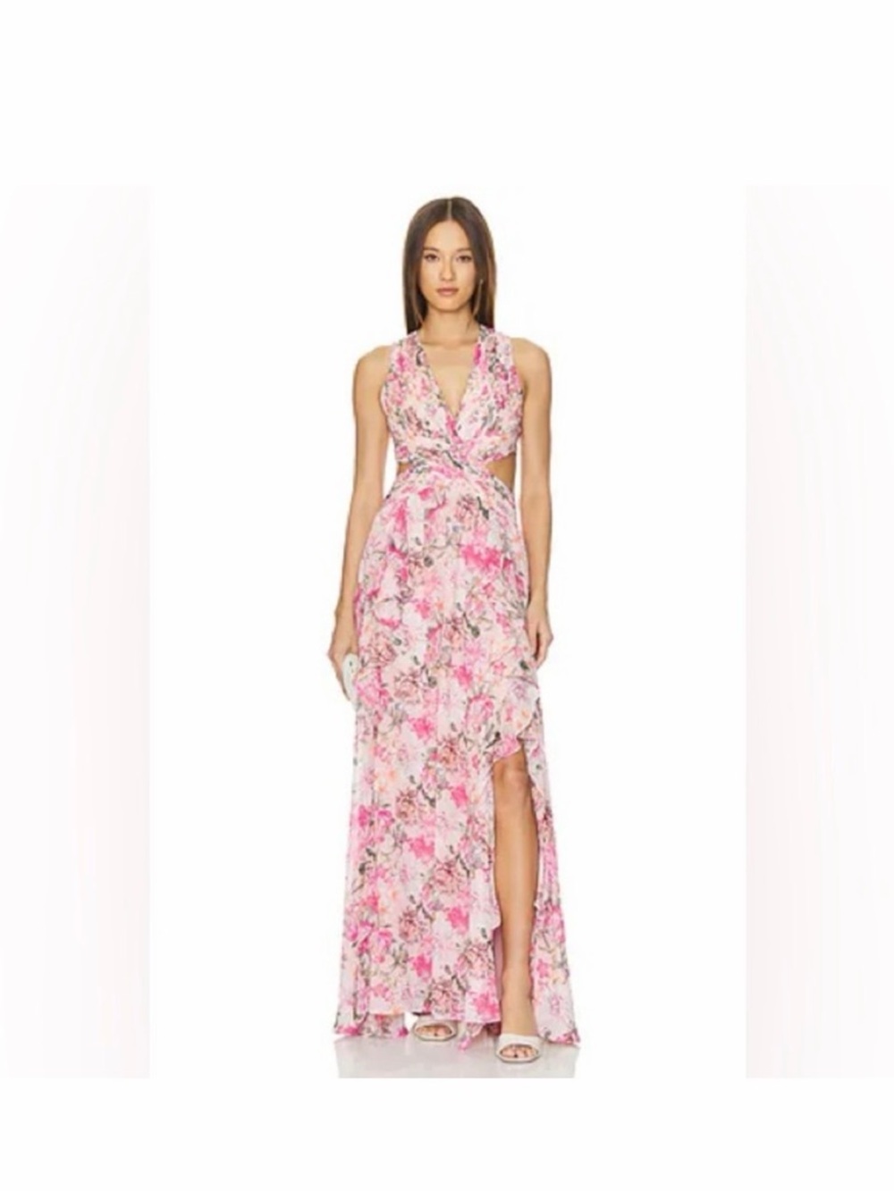 Astr the Label Noya Dress:  Floral Pink Maxi Dress with Cutout Waist